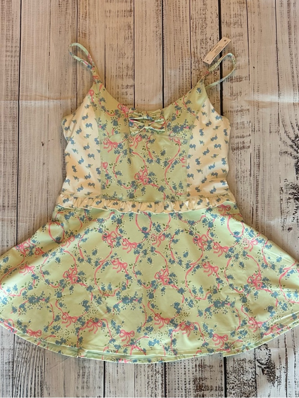 Shabby Chic Yellow Green Floral Bow-Trim Athletic Dress NWT
